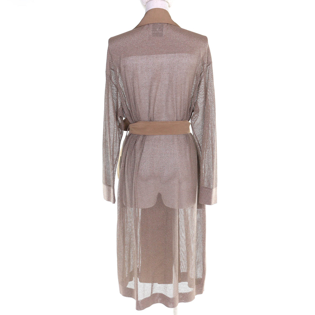 Excellent MORABITO Belted Mesh Design Long Cardigan Dress Brown 38 9001-52322