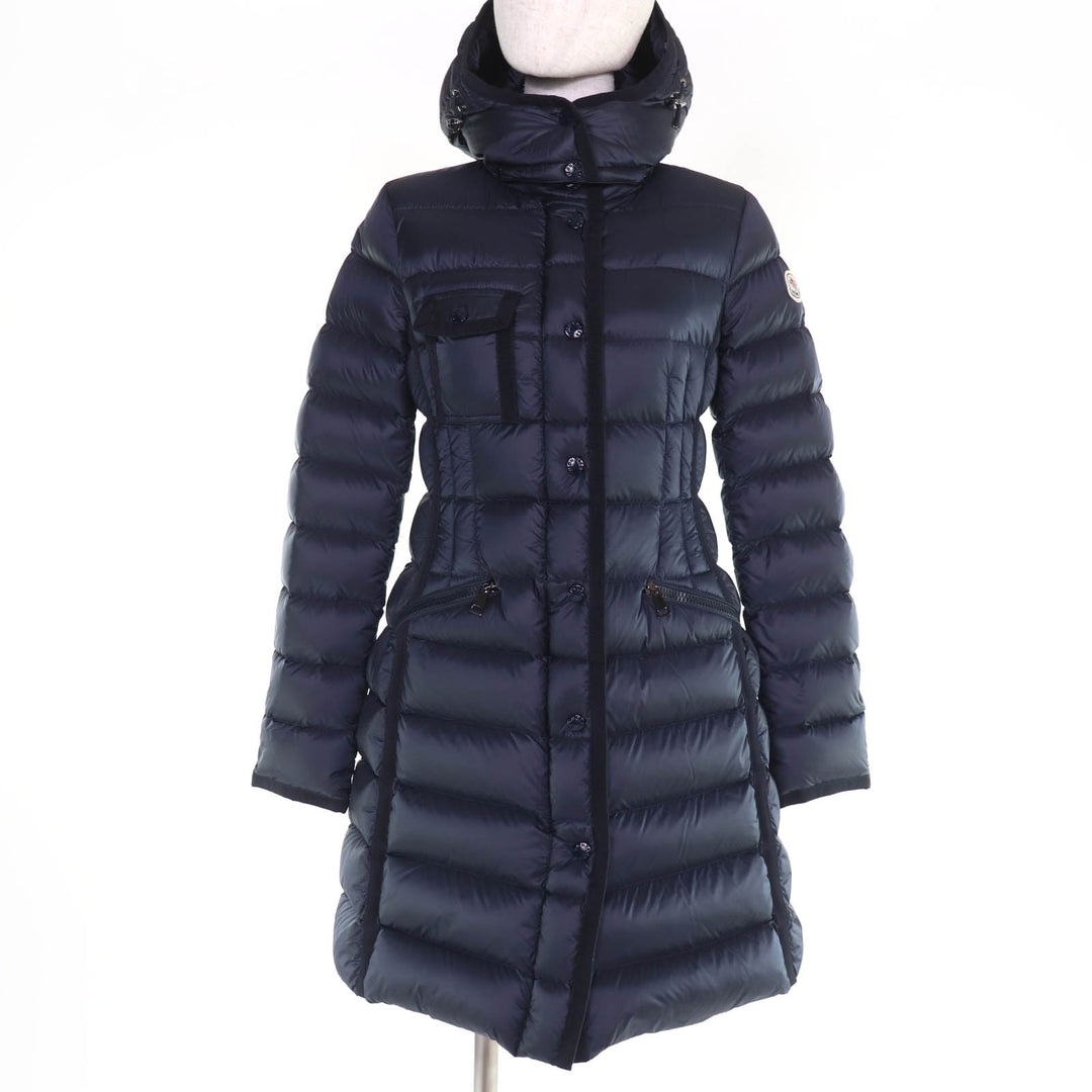 Excellent MONCLER down coat HERMINE Logo patch and hood Navy Nylon Women