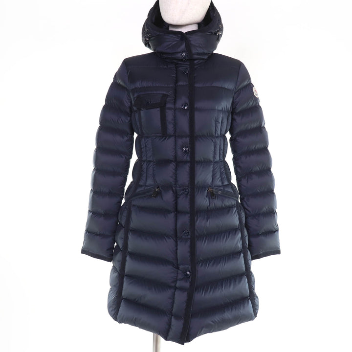 Excellent MONCLER down coat HERMINE Logo patch and hood Navy Nylon Women