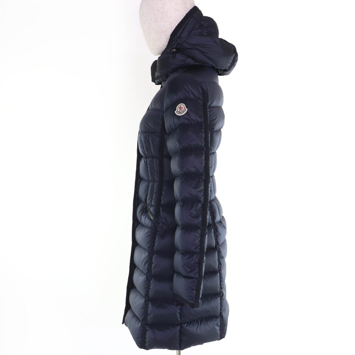 Excellent MONCLER down coat HERMINE Logo patch and hood Navy Nylon Women