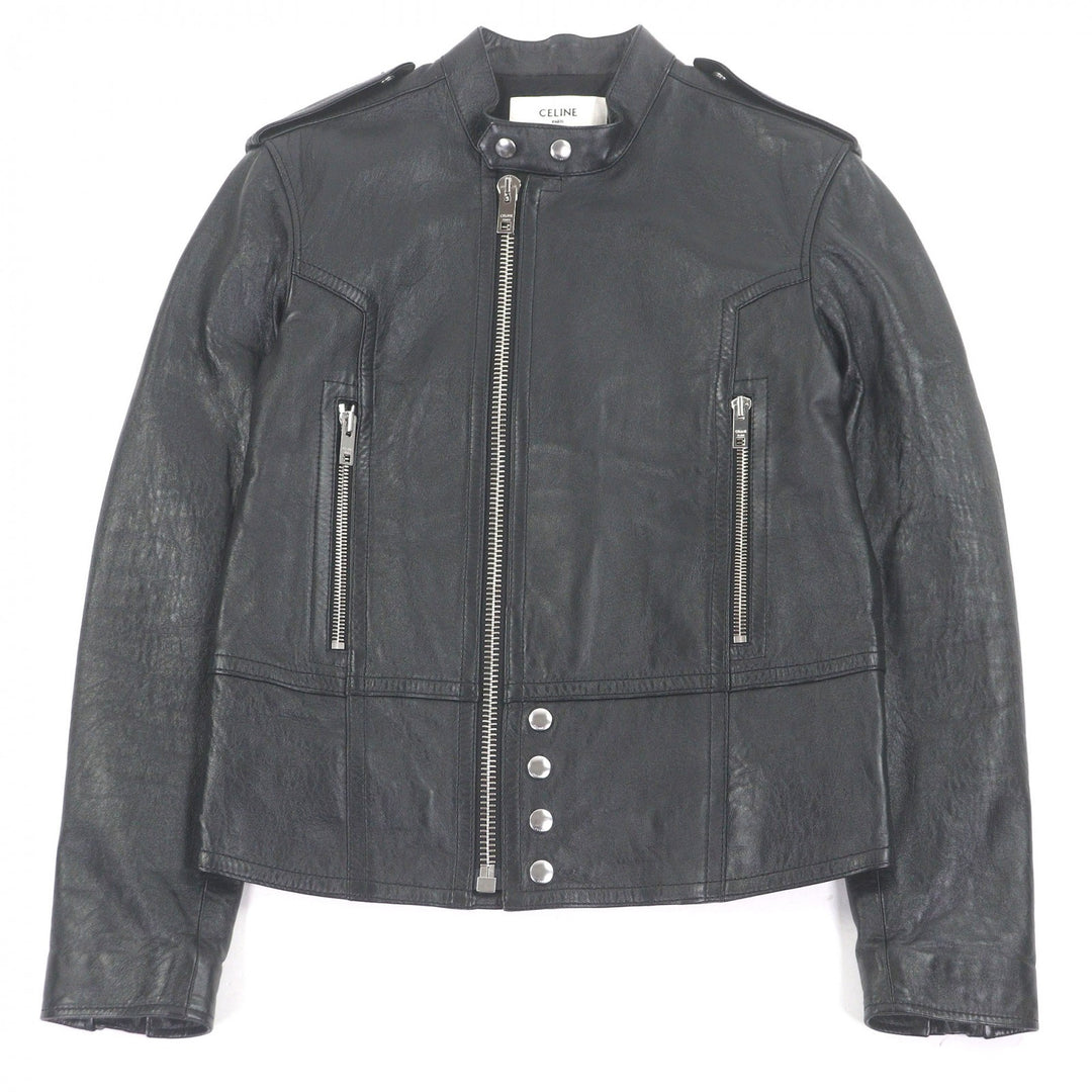 Excellent CELINE Jacket Padded stand-collar lambskin leather single rider jacket