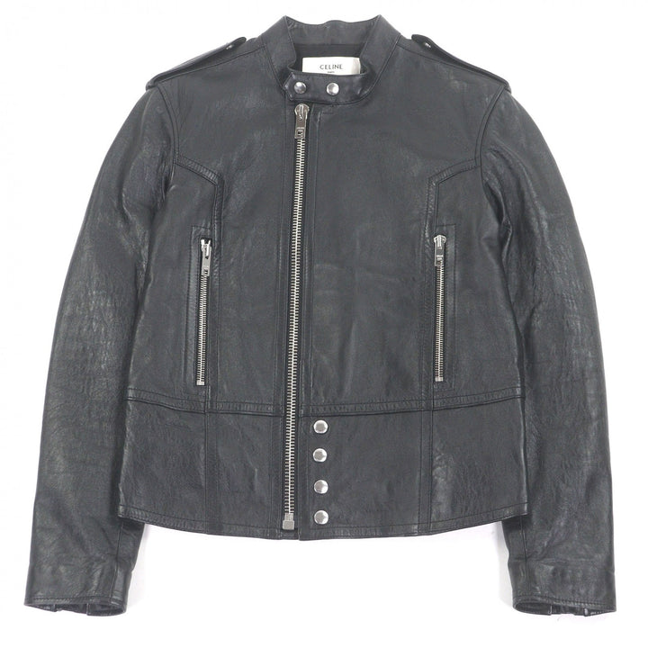 Excellent CELINE Jacket Padded stand-collar lambskin leather single rider jacket