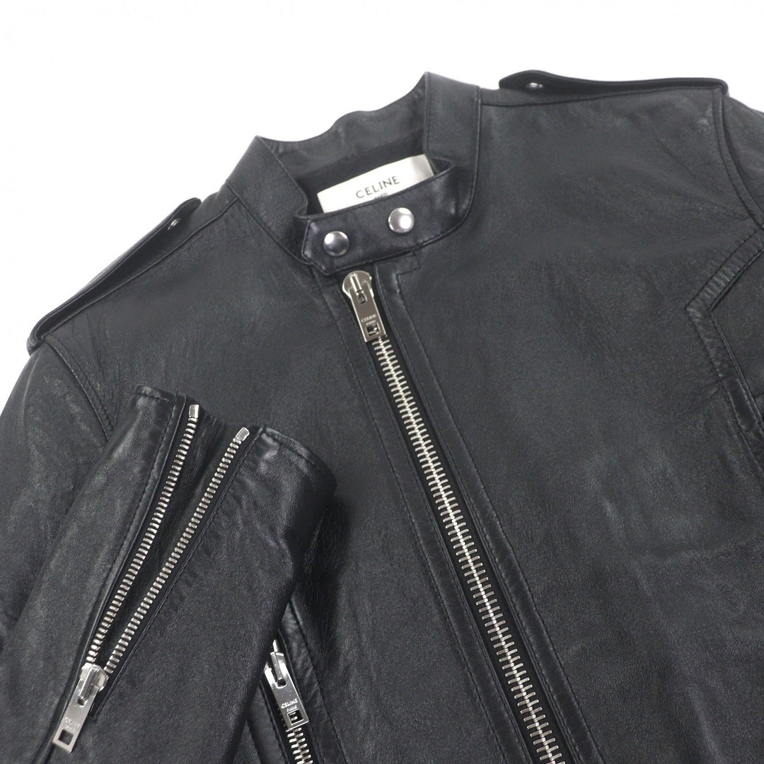 Excellent CELINE Jacket Padded stand-collar lambskin leather single rider jacket