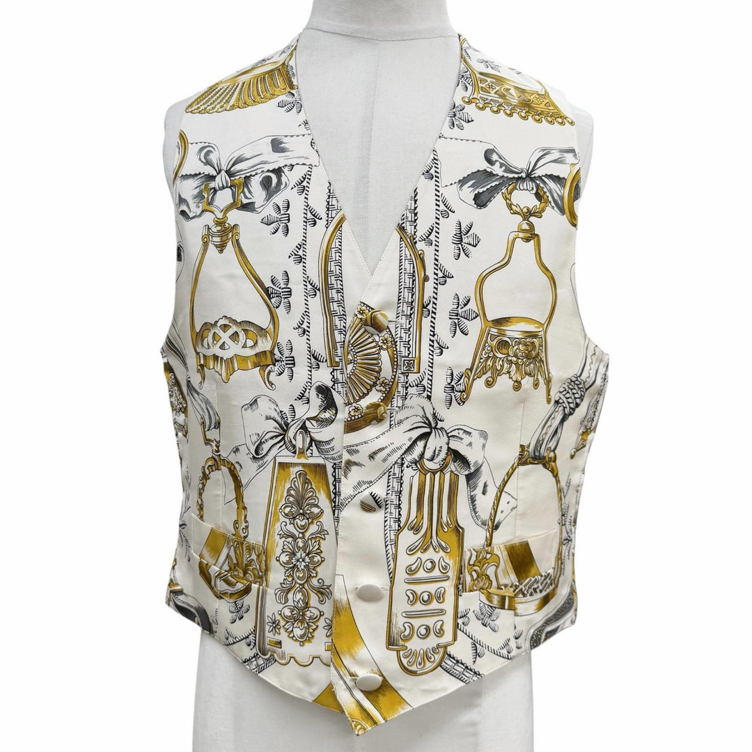 Excellent HERMES Best All-over print gilet white silk mens 52