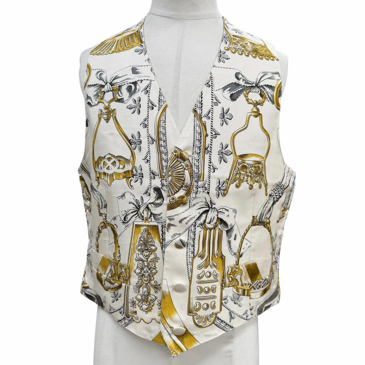 Excellent HERMES Best All-over print gilet white silk mens 52