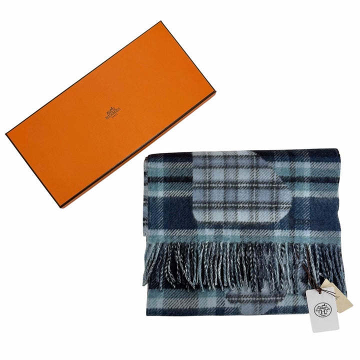 Pristine HERMES Scarf Echec aux Roi Tartan cashmere mens