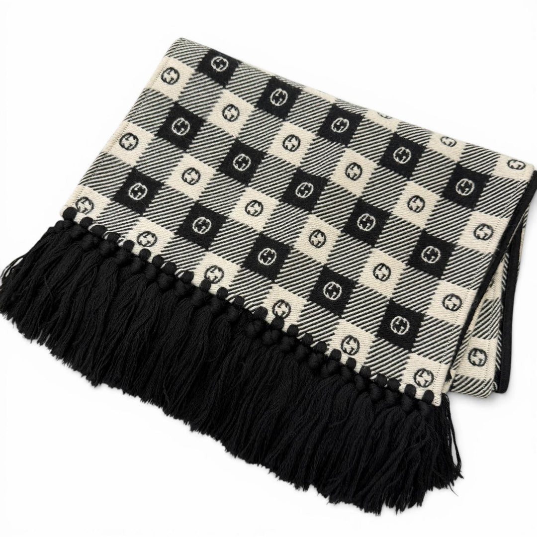 Great GUCCI Scarf Interlocking G Check Pattern Fringe black wool mens 633990