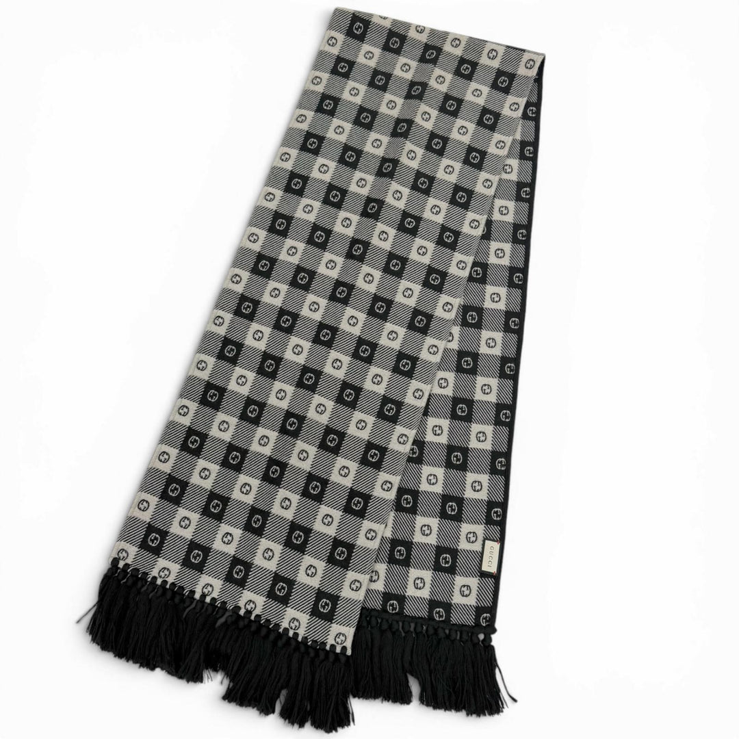Great GUCCI Scarf Interlocking G Check Pattern Fringe black wool mens 633990