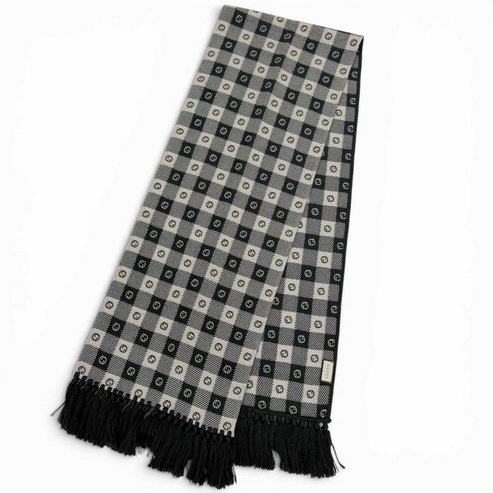 Great GUCCI Scarf Interlocking G Check Pattern Fringe black wool mens 633990