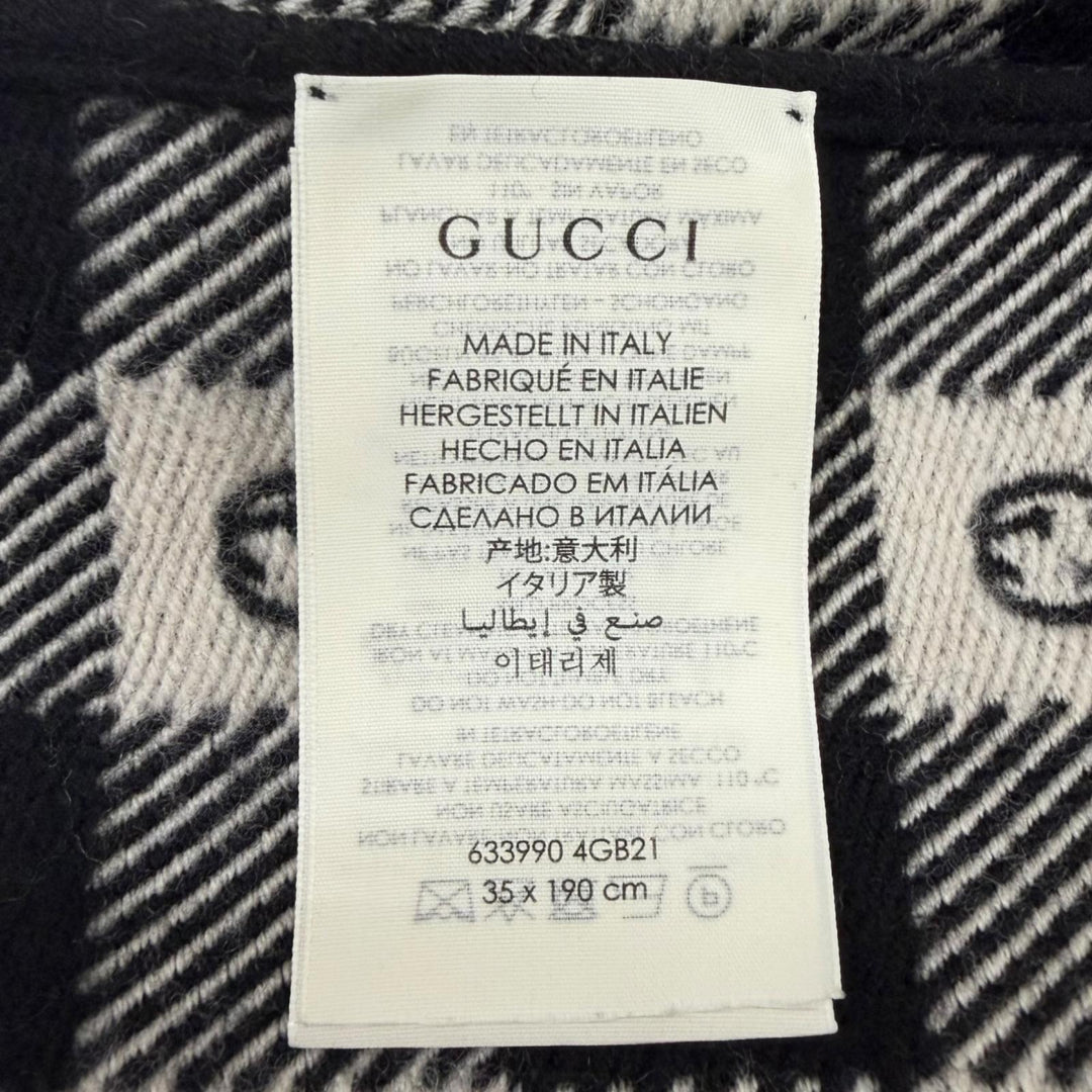Great GUCCI Scarf Interlocking G Check Pattern Fringe black wool mens 633990