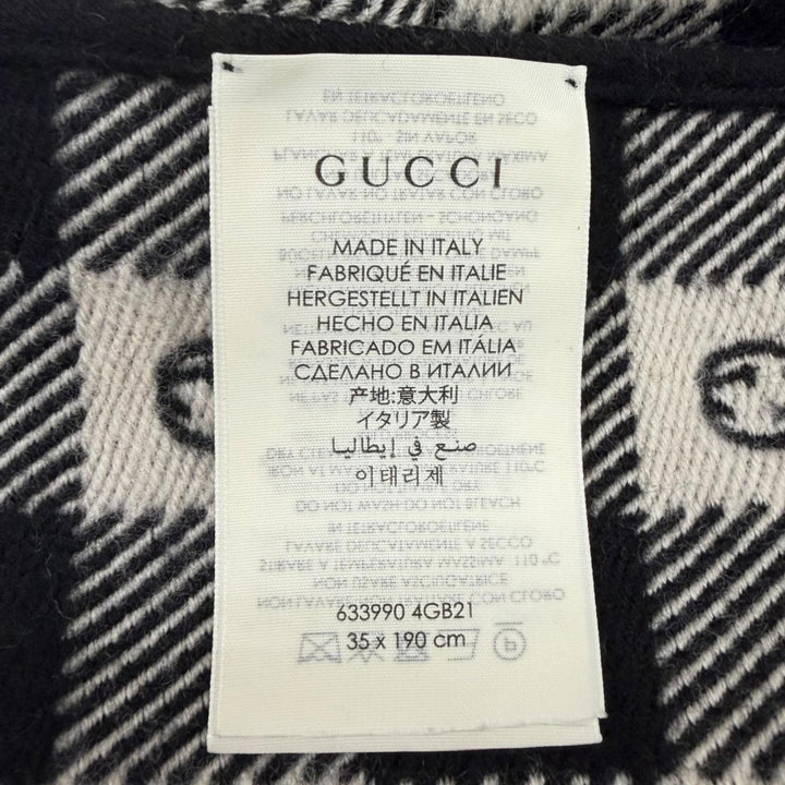 Great GUCCI Scarf Interlocking G Check Pattern Fringe black wool mens 633990