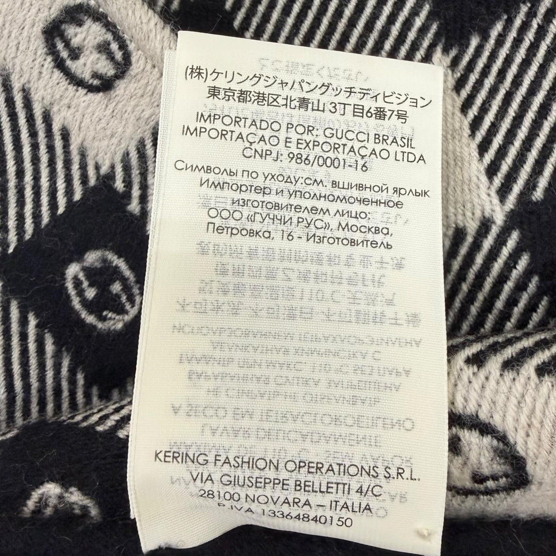 Great GUCCI Scarf Interlocking G Check Pattern Fringe black wool mens 633990