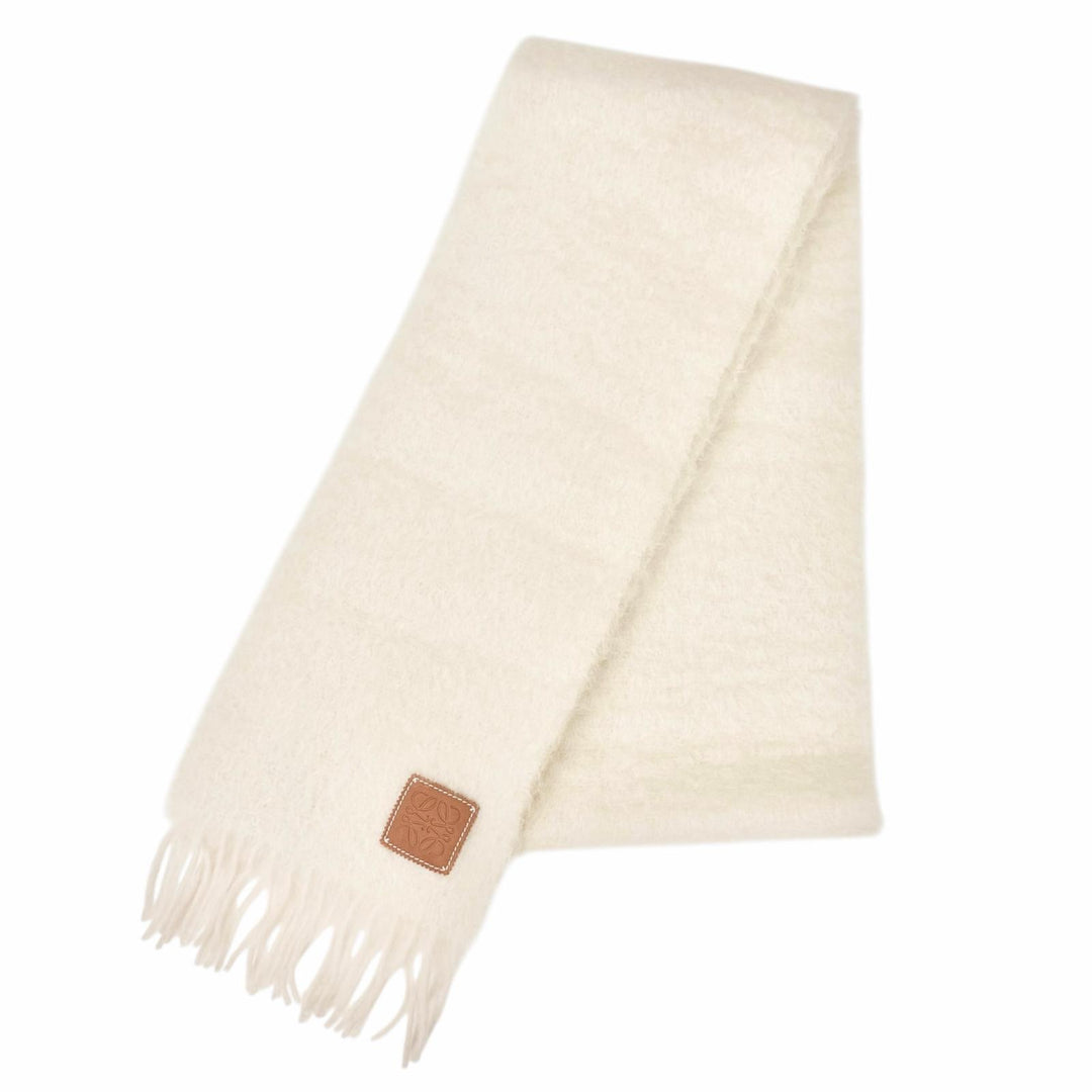 Excellent LOEWE Scarf Anagram Leather Patch Fringe Long Ivory mohair Women