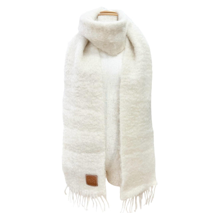 Excellent LOEWE Scarf Anagram Leather Patch Fringe Long Ivory mohair Women