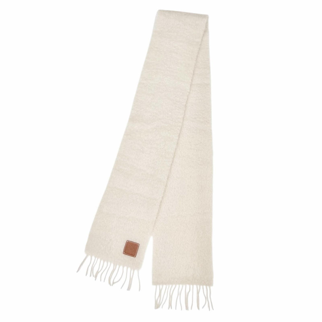 Excellent LOEWE Scarf Anagram Leather Patch Fringe Long Ivory mohair Women