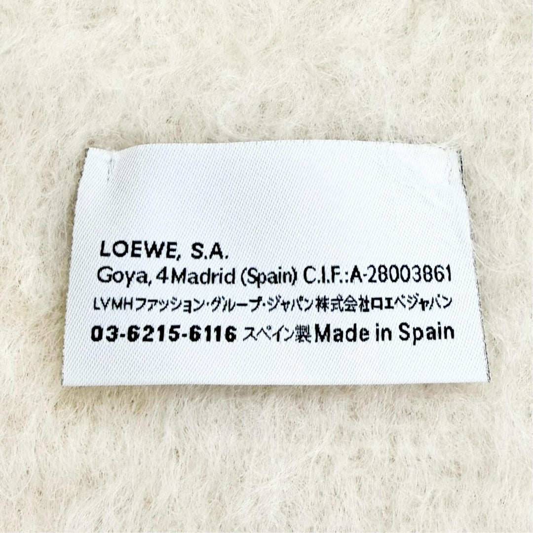 Excellent LOEWE Scarf Anagram Leather Patch Fringe Long Ivory mohair Women