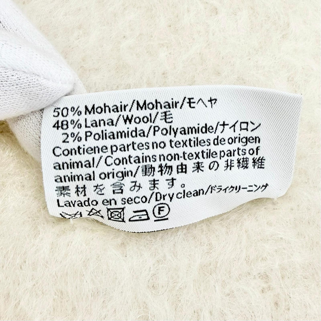 Excellent LOEWE Scarf Anagram Leather Patch Fringe Long Ivory mohair Women