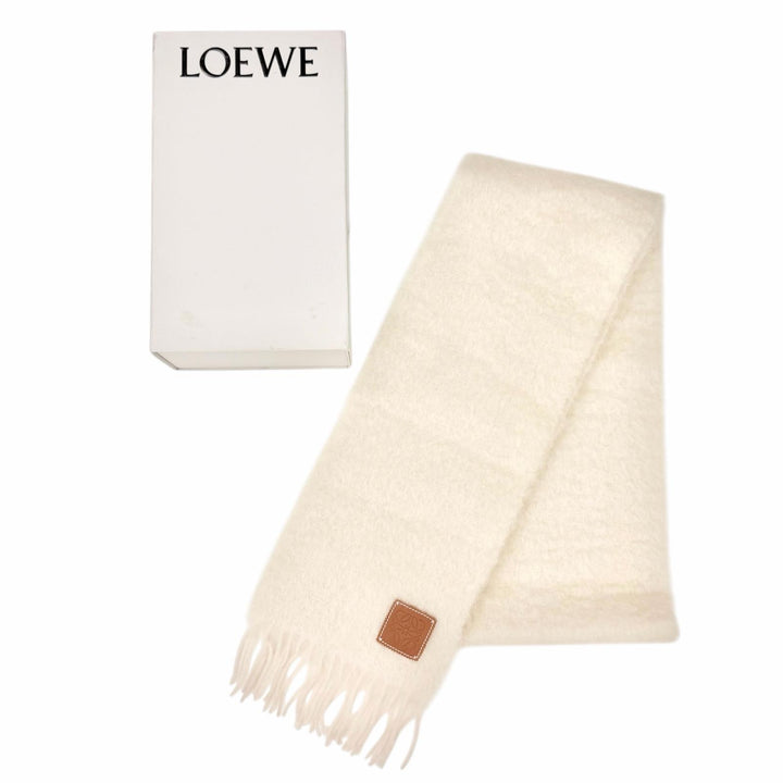 Excellent LOEWE Scarf Anagram Leather Patch Fringe Long Ivory mohair Women