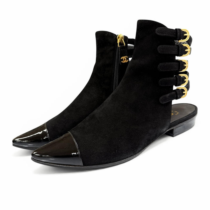 Excellent CHANEL Ankle boots black Suede leather Women 36.5 G30600