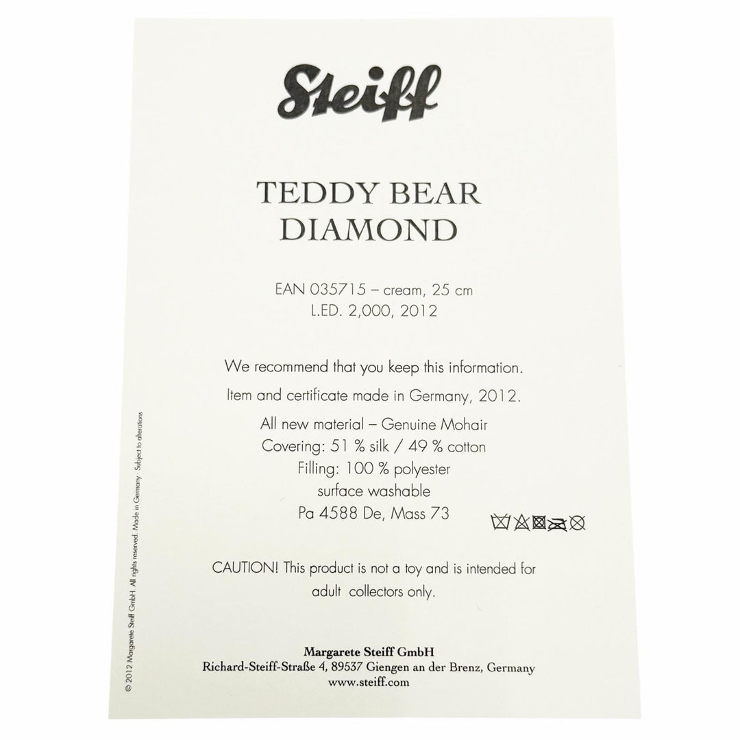 Excellent Steiff Plush Doll Diamond Teddy Bear Limited edition for 2012 035715