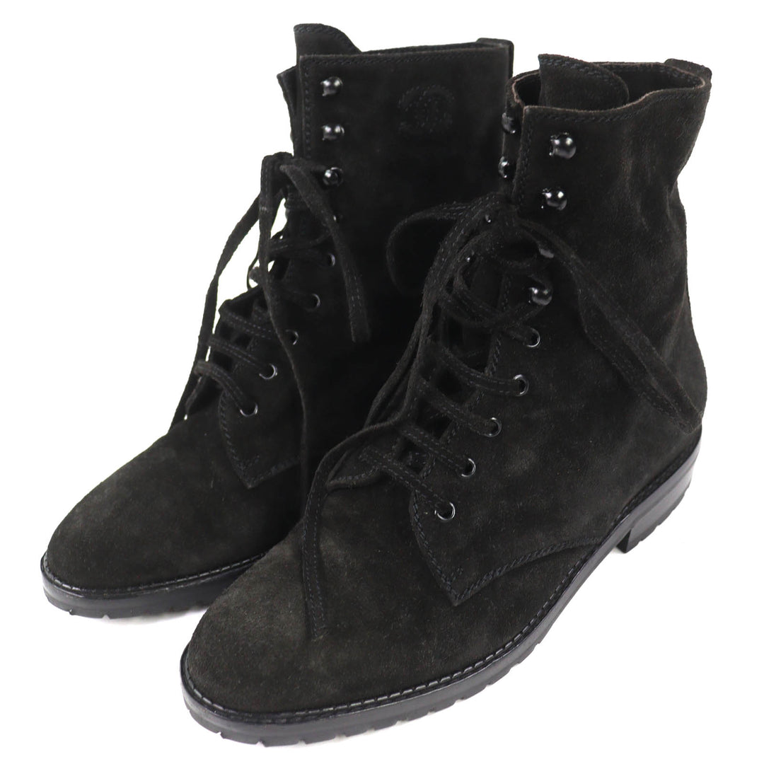Excellent CHANEL short boots COCO Mark Suede Leather Lace-up Shoes black 36
