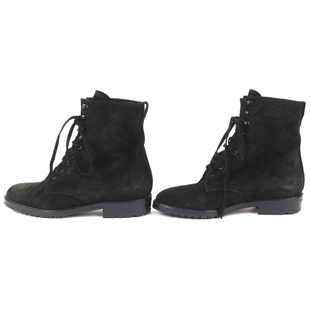 Excellent CHANEL short boots COCO Mark Suede Leather Lace-up Shoes black 36