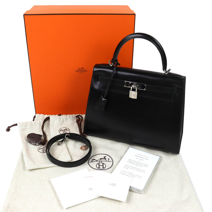 Excellent HERMES Shoulder Bag Kelly 28 Outer sewing black Box scarf Leather
