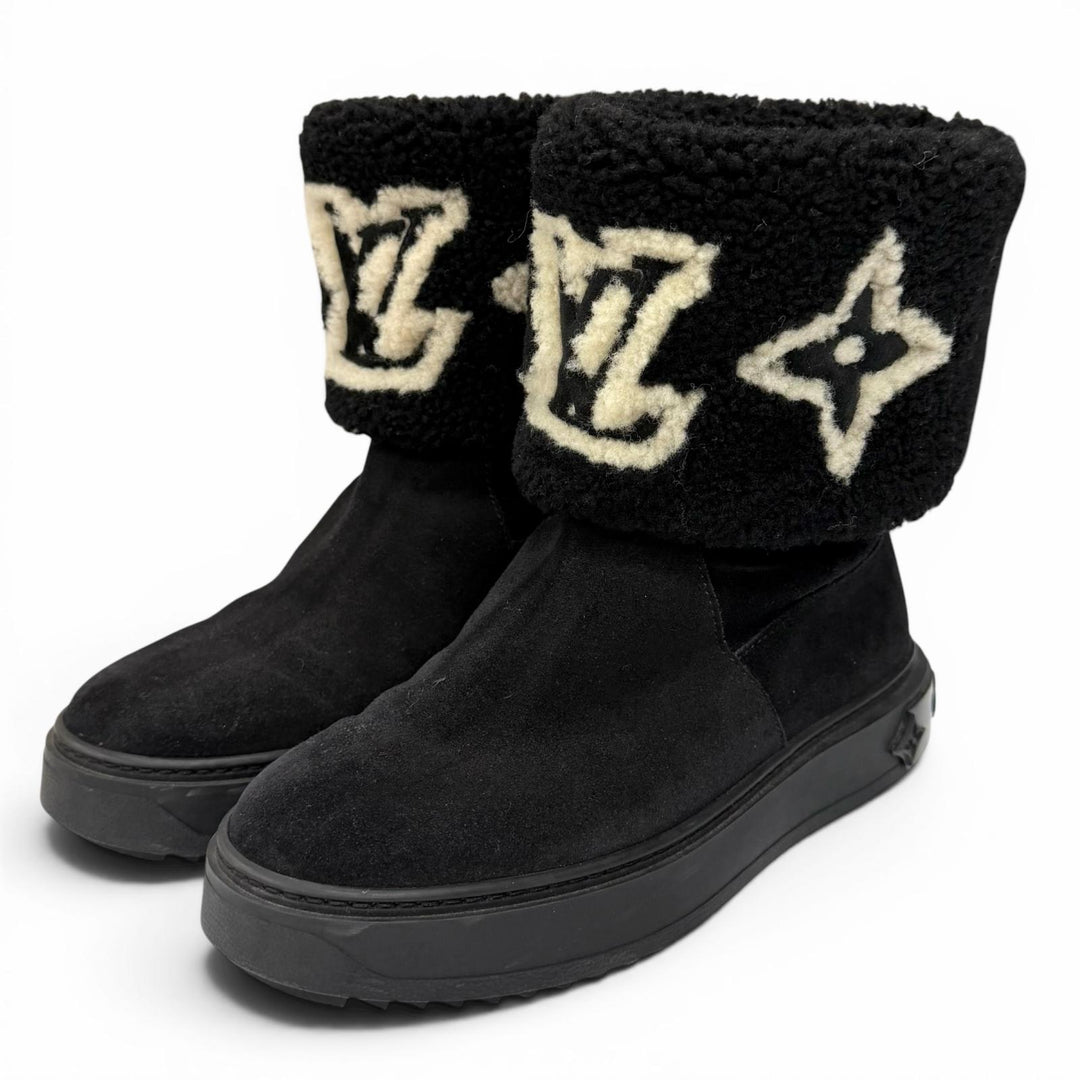 Great LOUIS VUITTON boots snowdrop line LV logo shearling black Mouton Women 35