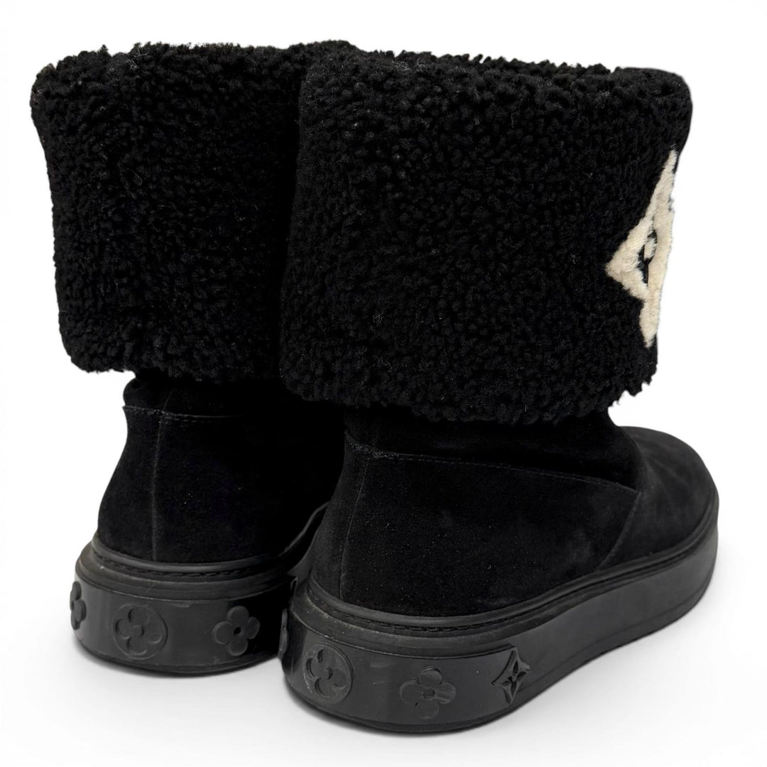 Great LOUIS VUITTON boots snowdrop line LV logo shearling black Mouton Women 35