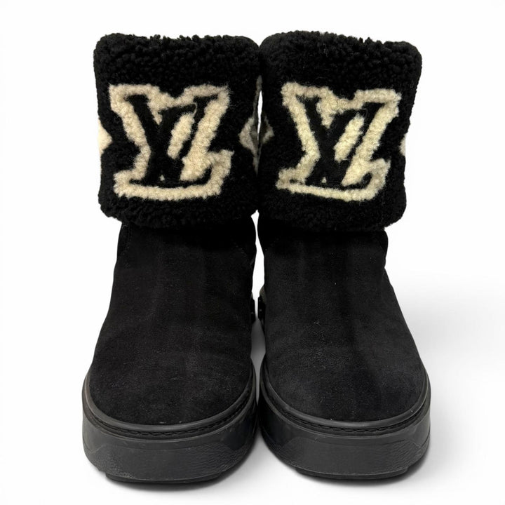Great LOUIS VUITTON boots snowdrop line LV logo shearling black Mouton Women 35