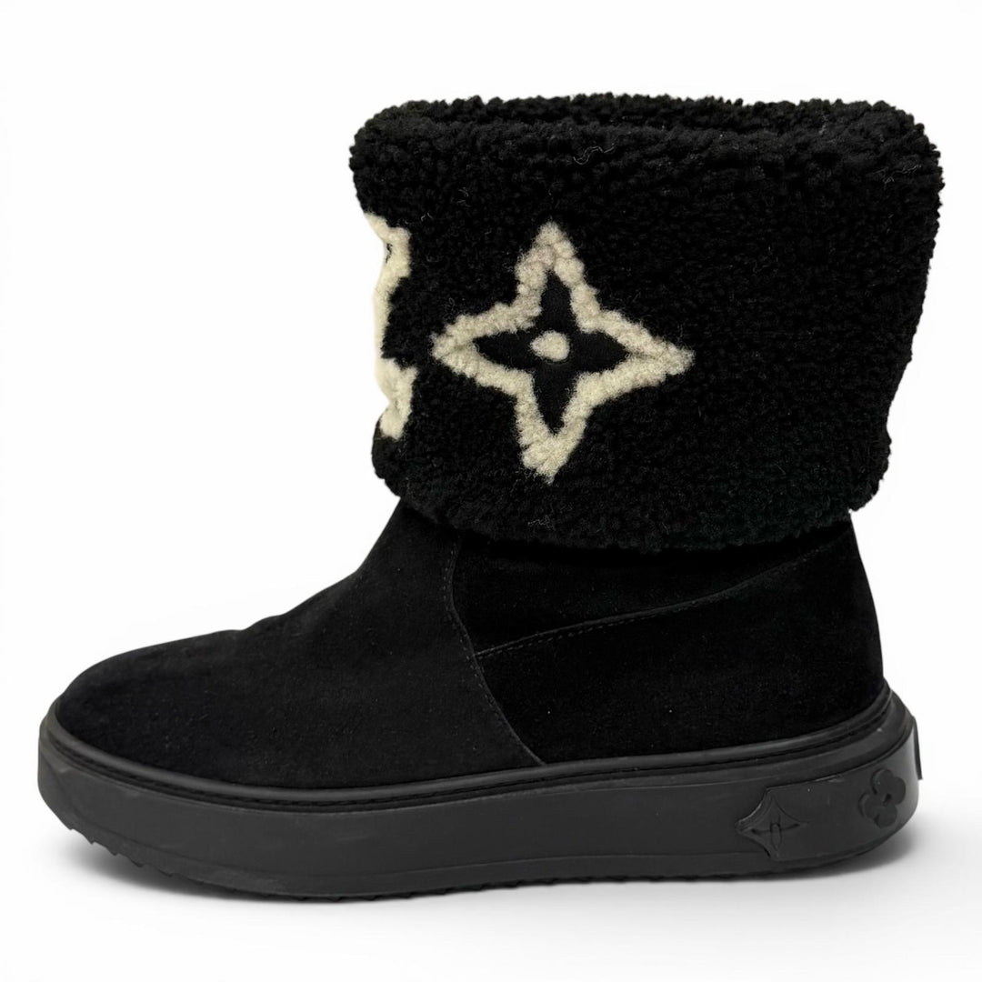 Great LOUIS VUITTON boots snowdrop line LV logo shearling black Mouton Women 35