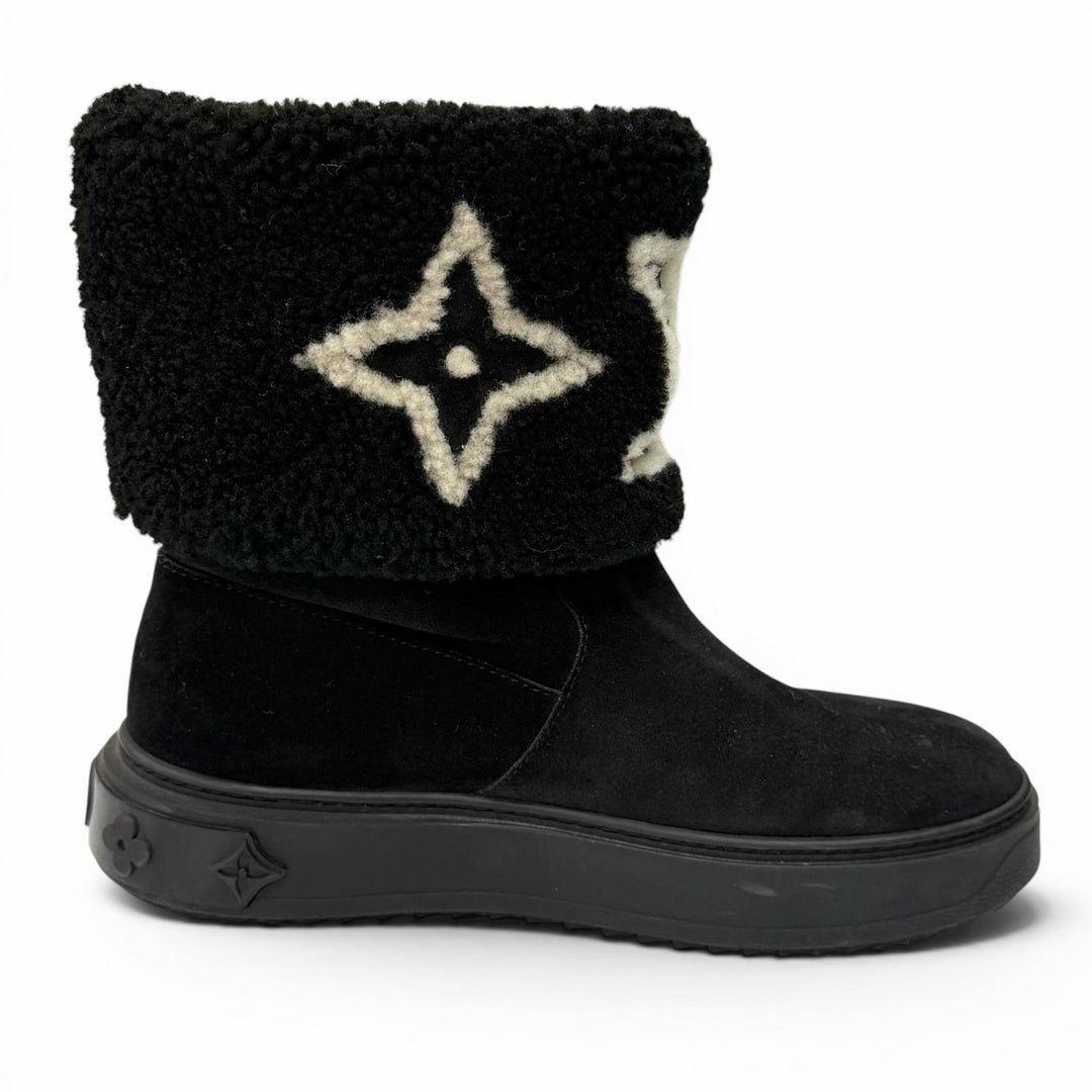 Great LOUIS VUITTON boots snowdrop line LV logo shearling black Mouton Women 35