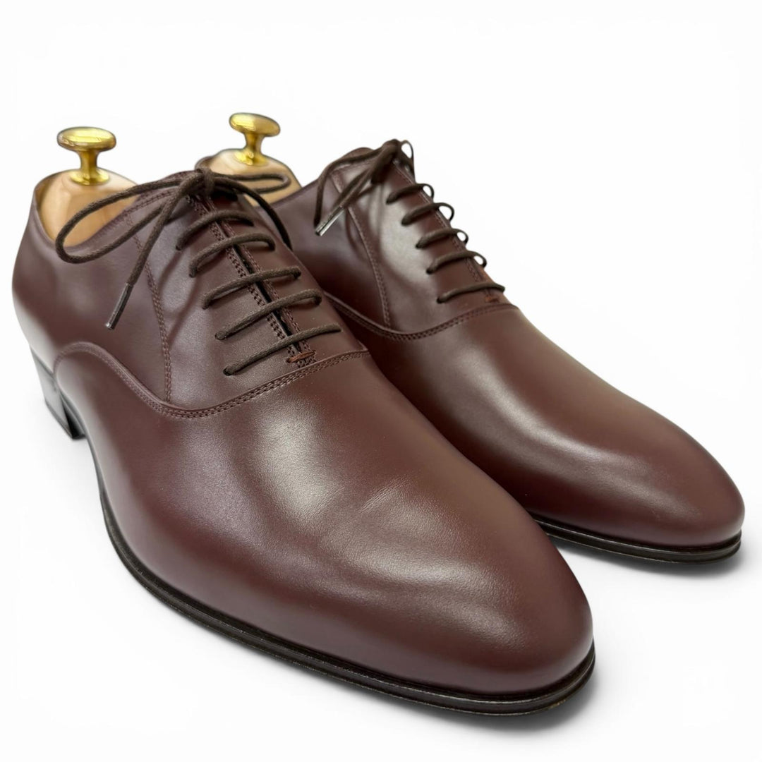 Pristine GUCCI Dress shoes GG Logo Metal Plain Toe Burgundy leather mens 8