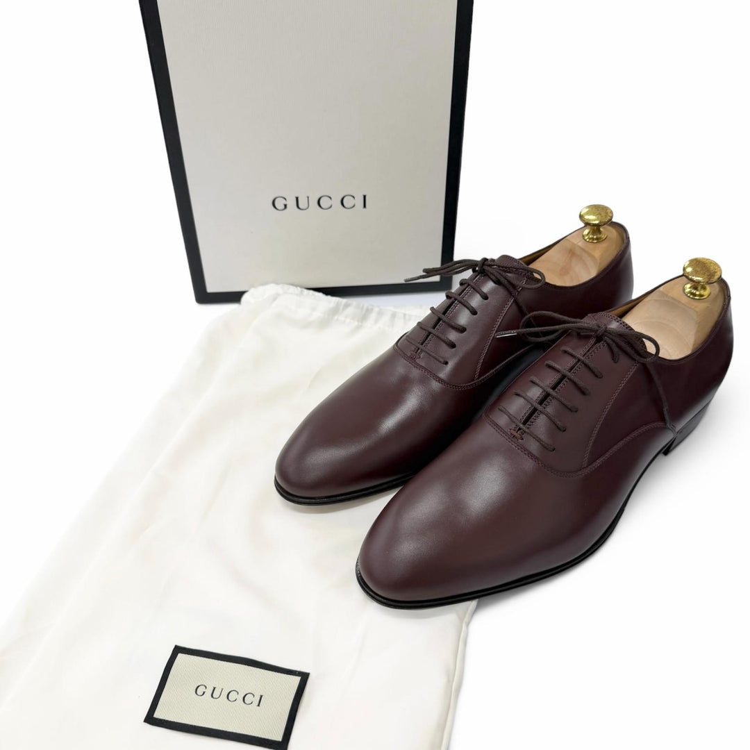 Pristine GUCCI Dress shoes GG Logo Metal Plain Toe Burgundy leather mens 8