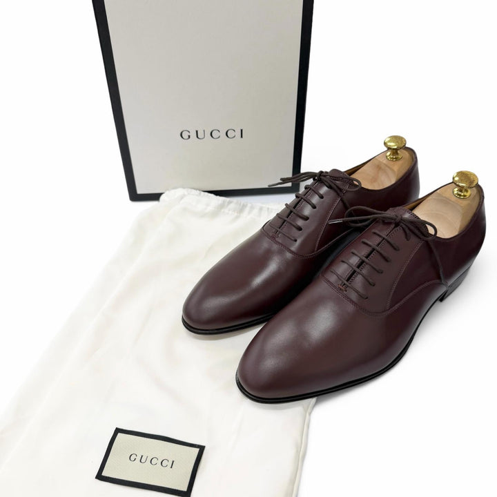 Pristine GUCCI Dress shoes GG Logo Metal Plain Toe Burgundy leather mens 8