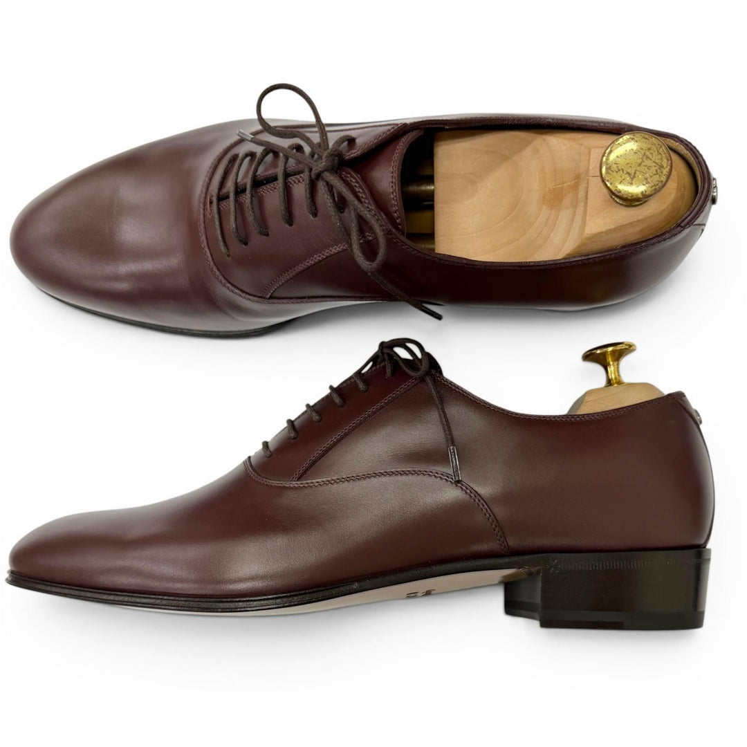 Pristine GUCCI Dress shoes GG Logo Metal Plain Toe Burgundy leather mens 8