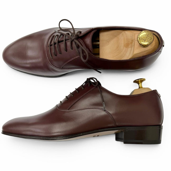 Pristine GUCCI Dress shoes GG Logo Metal Plain Toe Burgundy leather mens 8