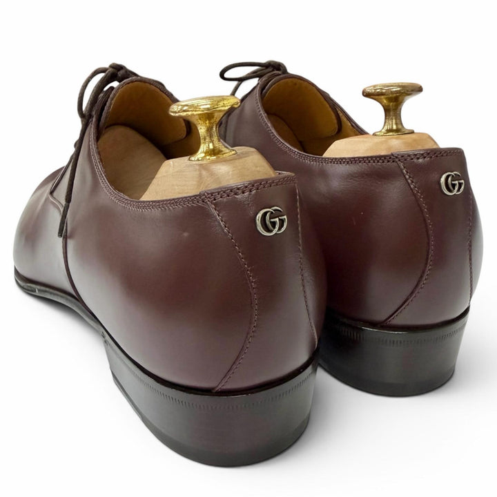 Pristine GUCCI Dress shoes GG Logo Metal Plain Toe Burgundy leather mens 8