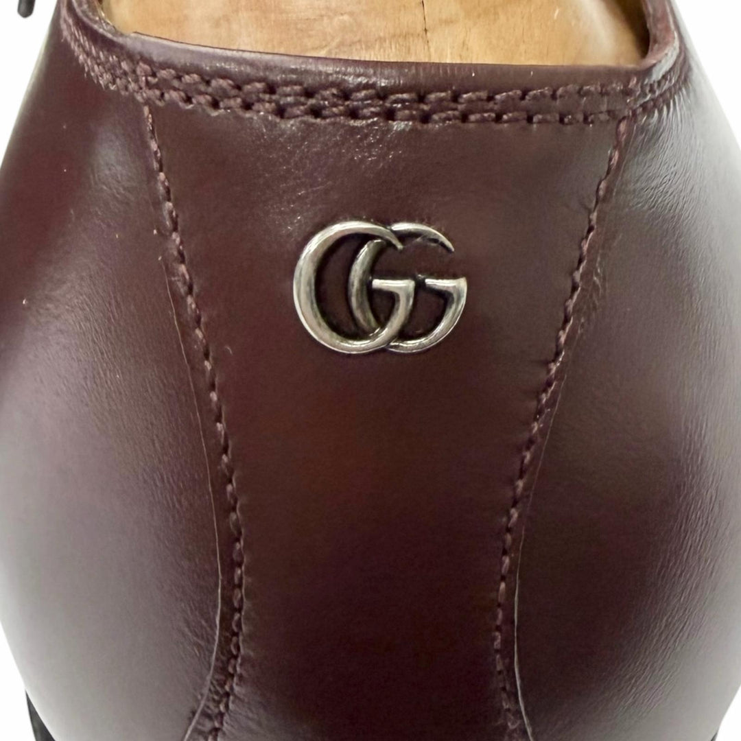 Pristine GUCCI Dress shoes GG Logo Metal Plain Toe Burgundy leather mens 8