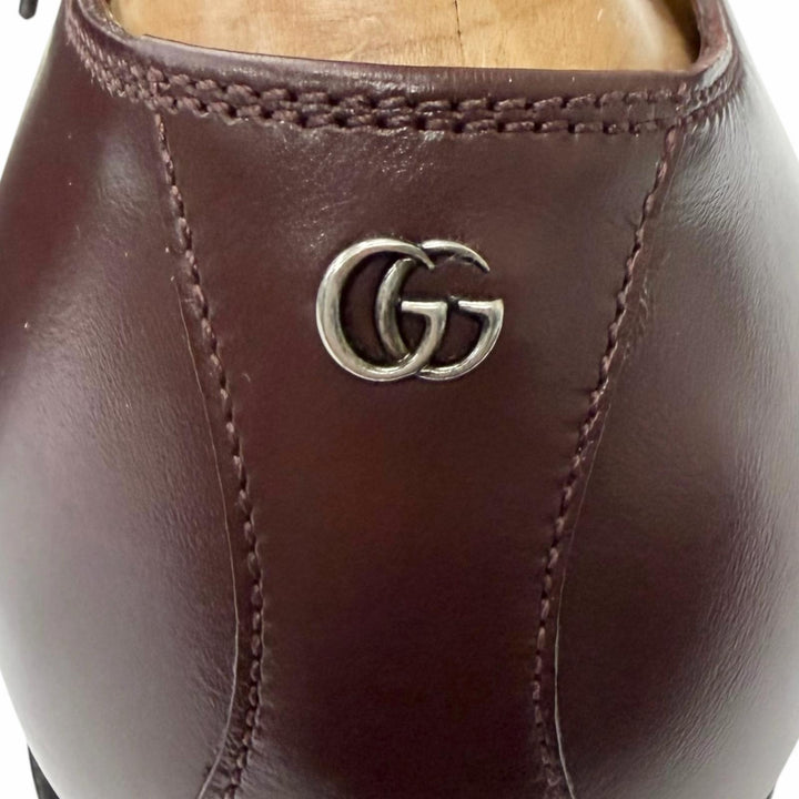 Pristine GUCCI Dress shoes GG Logo Metal Plain Toe Burgundy leather mens 8