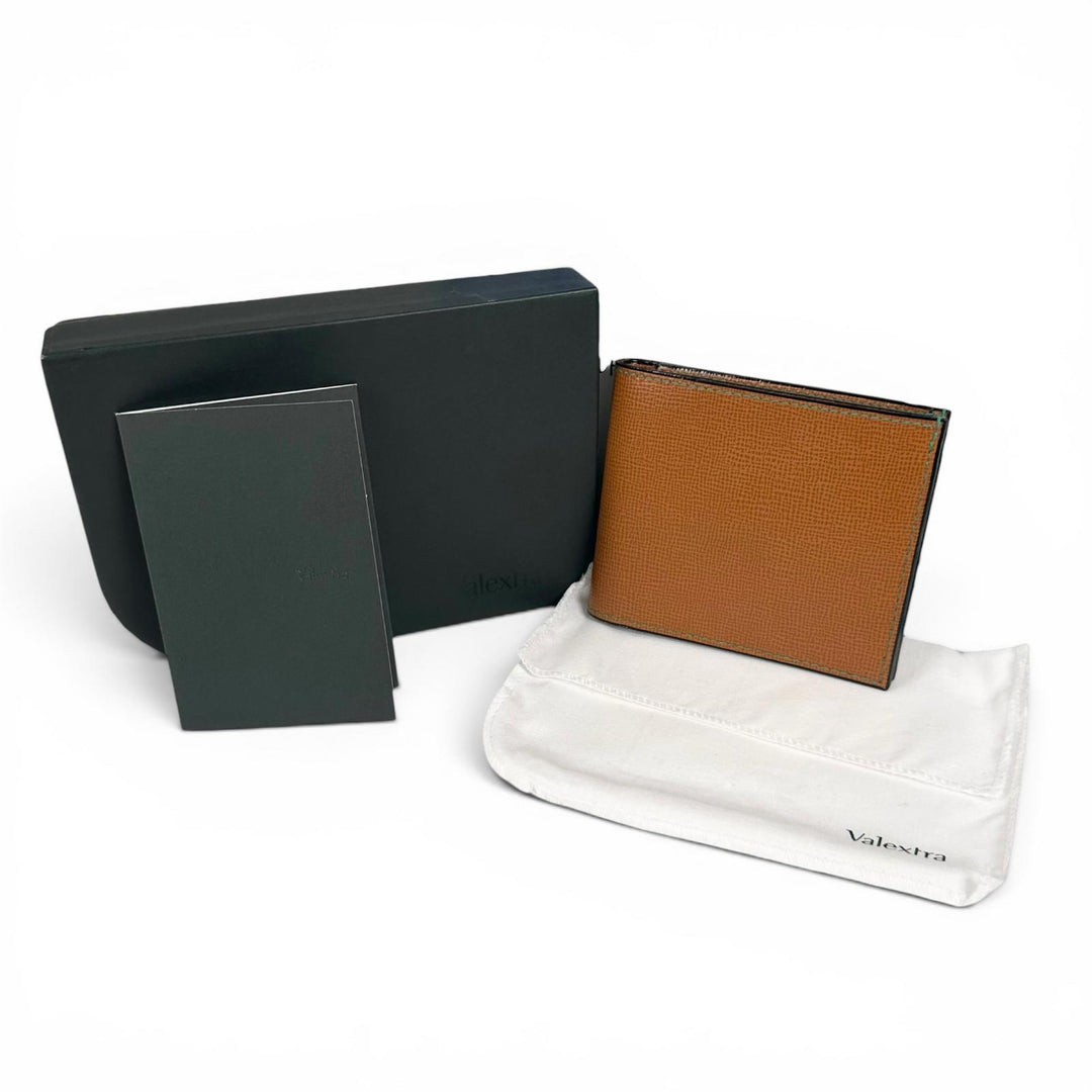 Excellent Valextra Bifold Wallet Green Stitch Compact Coin Pocket Brown Cowhide