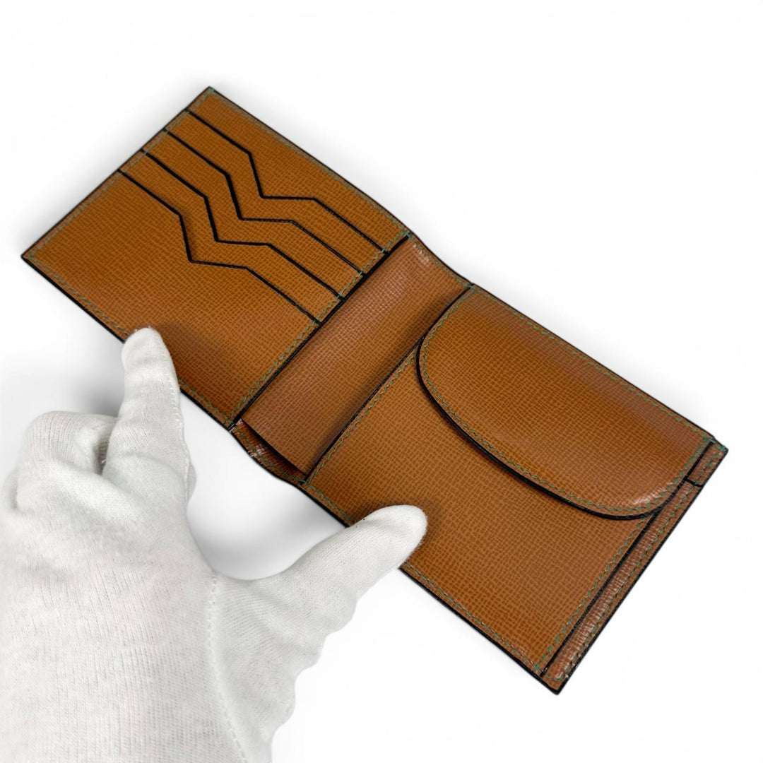 Excellent Valextra Bifold Wallet Green Stitch Compact Coin Pocket Brown Cowhide