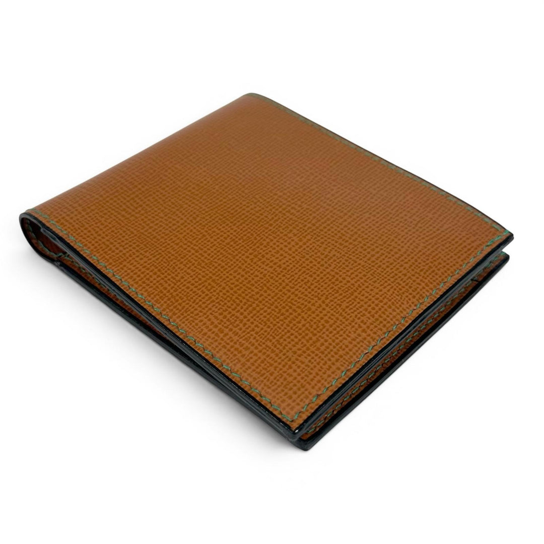 Excellent Valextra Bifold Wallet Green Stitch Compact Coin Pocket Brown Cowhide