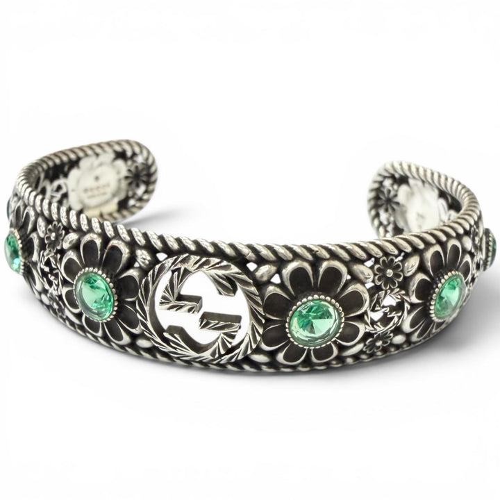 Excellent GGUCCI Bangle Crystal Floral Interlocking G Silver AG925 mens 16