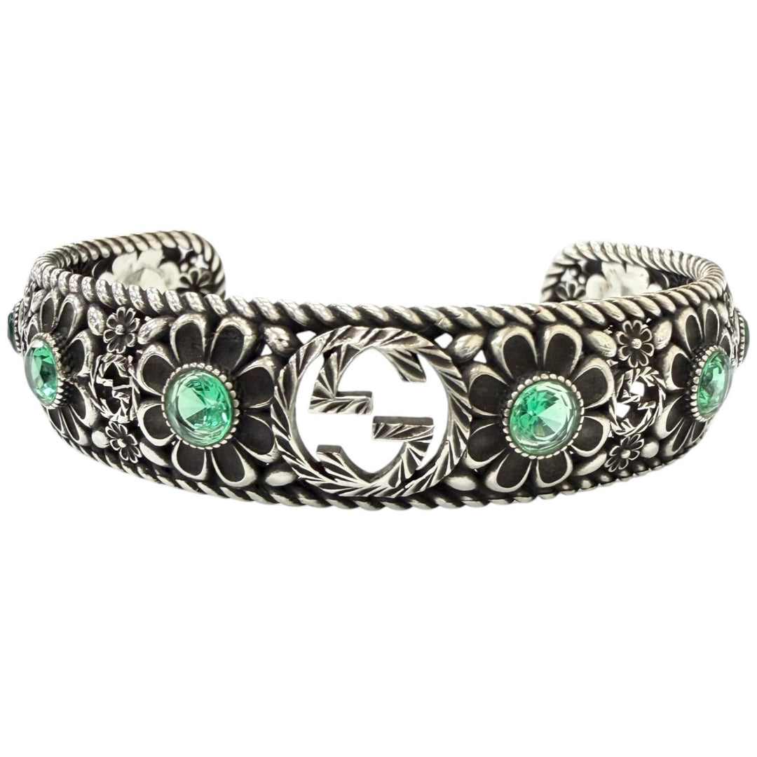 Excellent GGUCCI Bangle Crystal Floral Interlocking G Silver AG925 mens 16