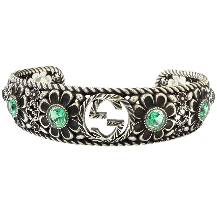 Excellent GGUCCI Bangle Crystal Floral Interlocking G Silver AG925 mens 16