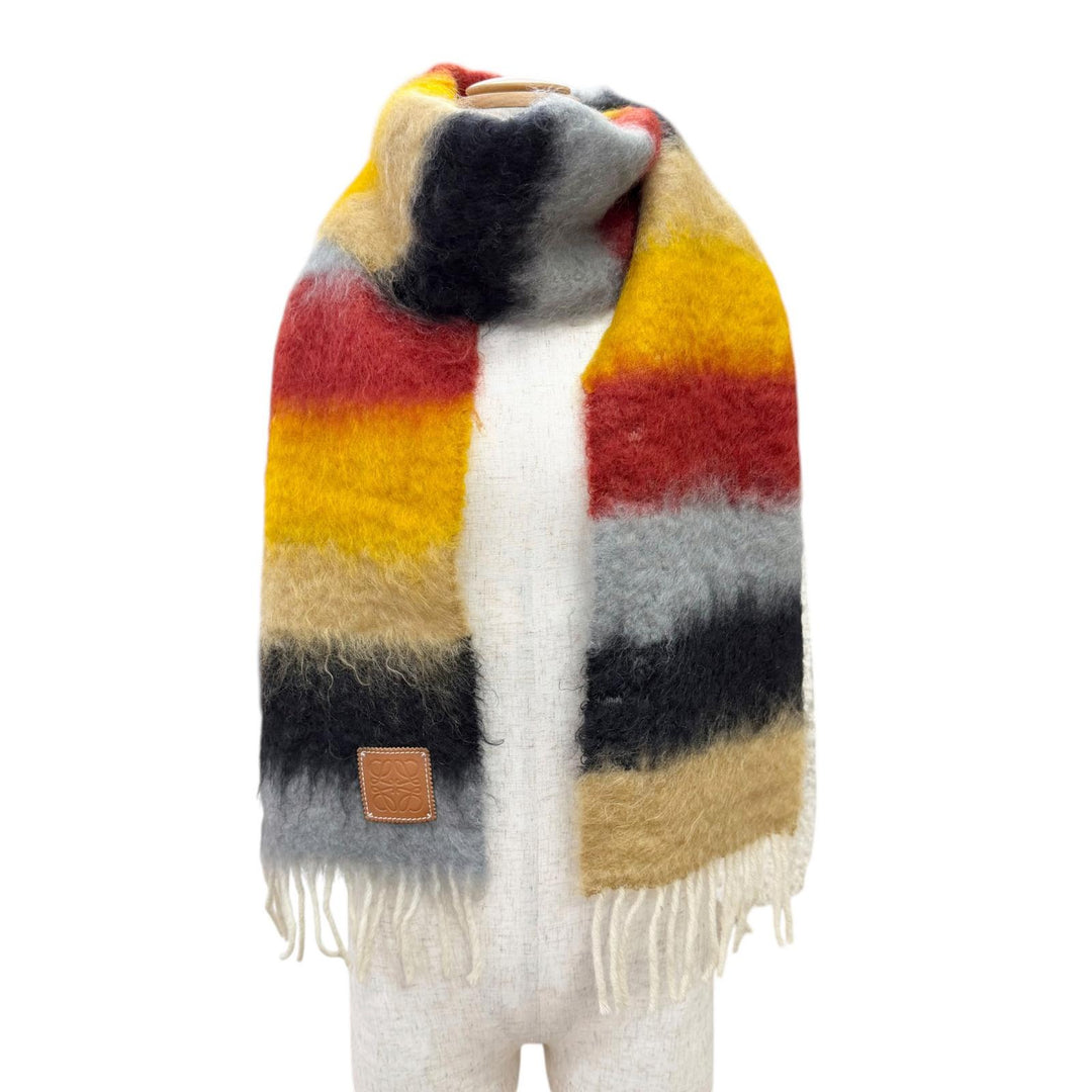 Excellent LOEWE Scarf Anagram Leather Patch Border Pattern multicolor mohair