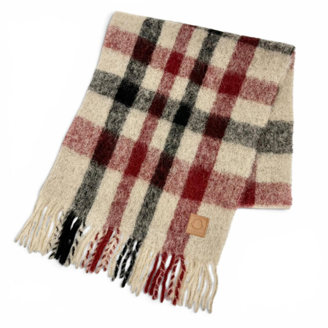 Pristine MONCLER Scarf SCIARPA Logo leather patch, check pattern, Beige mohair