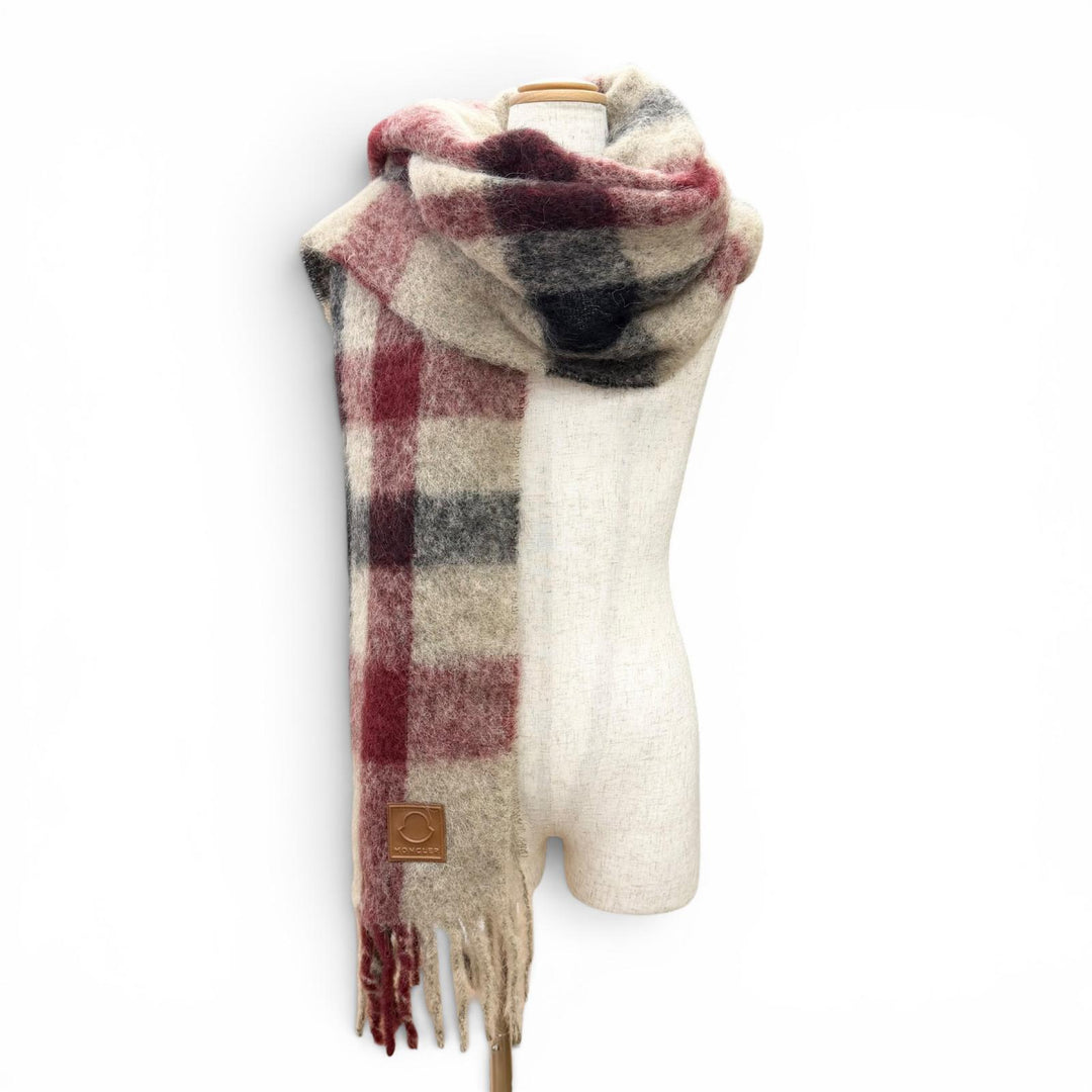 Pristine MONCLER Scarf SCIARPA Logo leather patch, check pattern, Beige mohair