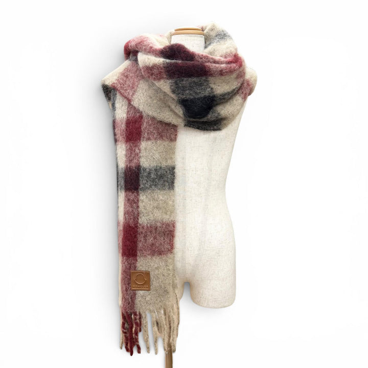 Pristine MONCLER Scarf SCIARPA Logo leather patch, check pattern, Beige mohair